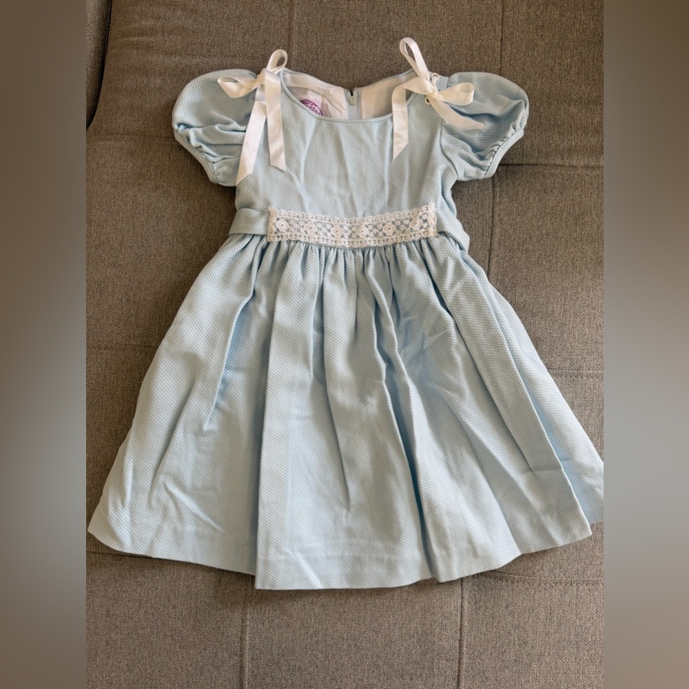 Vintage Plum Pudding Light Blue Dress w Ribbons and lace Easter Dress